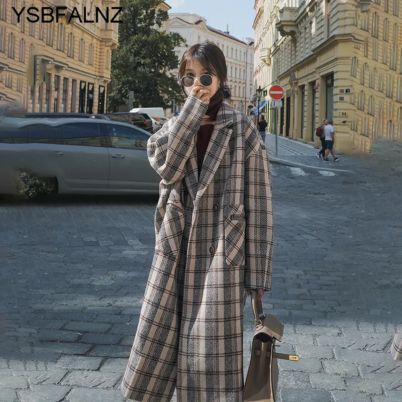 

Mejores Abrigos Womens Plaid Wool Coat Long 2023 Autumn Korean Loose Long Sleeve Thick Stitching Retro Jackets Clothes Jaqueta