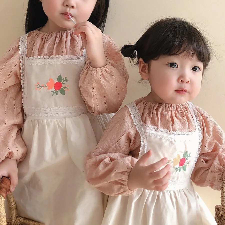 Bamboo fiber children's clothes Korean embroidered girls' princess skirt spring and autumn suspender dress set little girls'  sister dress Bamboo fiber children's clothes