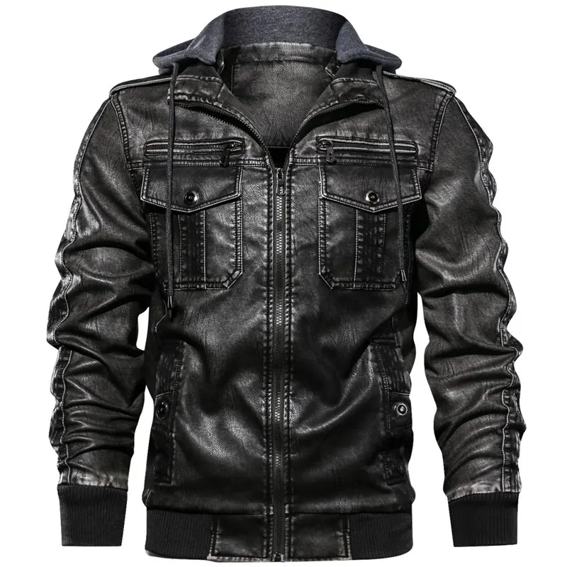 Black Hooded Мужская мотоциклетная кожаная куртка осенне-зимняя многокарманная военная куртка с капюшоном Европейский размер XXL Мужская куртка из искусственной кожи - Цвет: Black Hooded