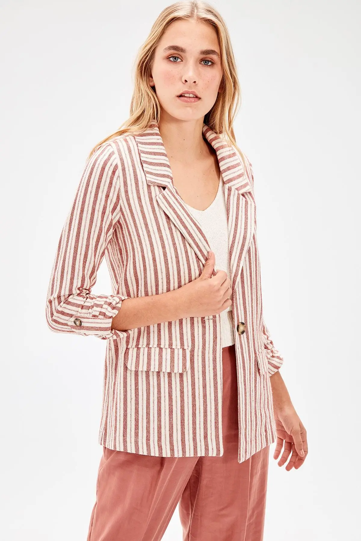 New Trendyol Red Striped Jacket TWOAW20CE0062