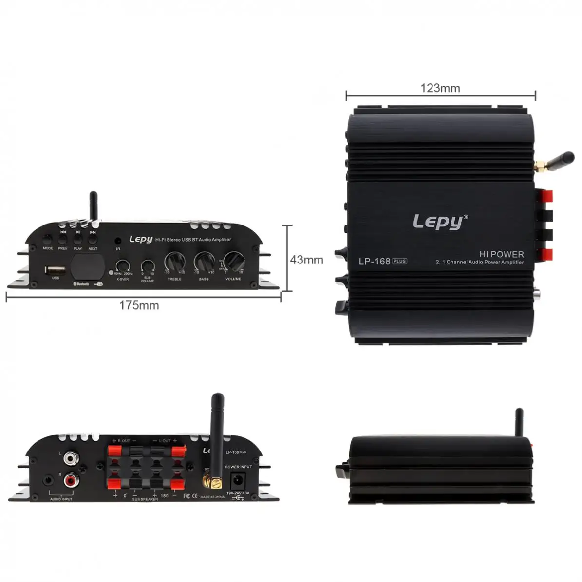 LP-168S Hi-Fi Stereo USB Bluetooth Car Audio Amplifier Support EDR Bluetooth 2.1 Channel/Subwoofer/Remote Control&Power Adapter