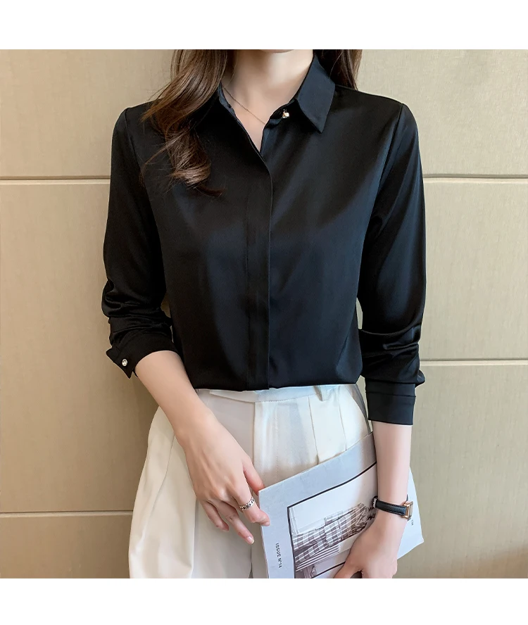 2022 Autumn Satin Women's Shirts Fashion Silk Button Solid OL Elegant Ladies Tops Long Sleeve Blouse Basic Women Shirts Blouses