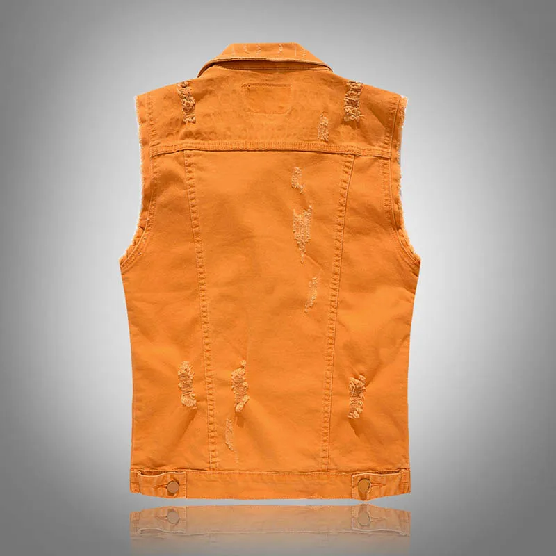 KIOVNO Men's Ripped Casual Denim Vest Solid Color Trun Down Collar Waistcoats For Male Sleeves Jeans Jackets Army Green (5)