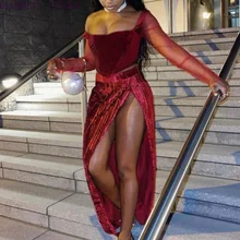 

Two-piece Velvet Party Dress Suit Burgundy Elegant Female Sexy See-through Mesh Patchwork Bodice High Slit Pleated Long Skirt