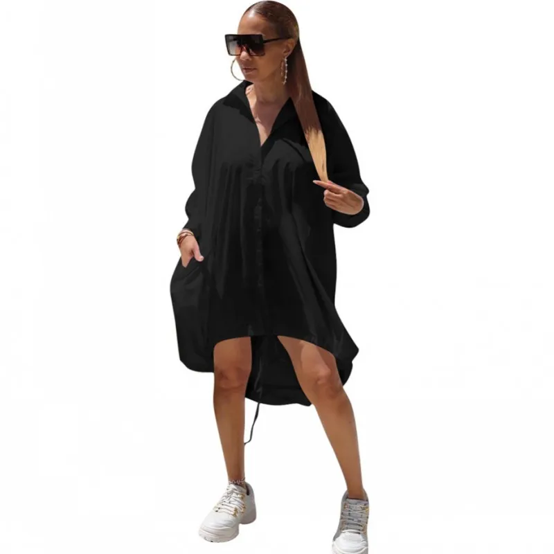 Shirt Blouse Dresses For Women Full Sleeve With Pocket Loose Fashion New Solid Drawstring Street Style Casual Dress 2021 Elegant | Женская