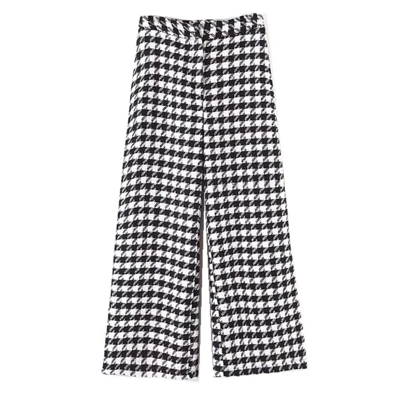 Черный Vintage Black White Gingham Check Plaid Wide Leg Pants Woman High Waist Long Loose Imitation woollen Casual OL Trousers - Цвет: Черный