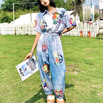 

Summer streetwear fashion Playsuits high waist short sleeve Romper oversized loose hip hop jumpsuit women cartoon anime Bodysuit
