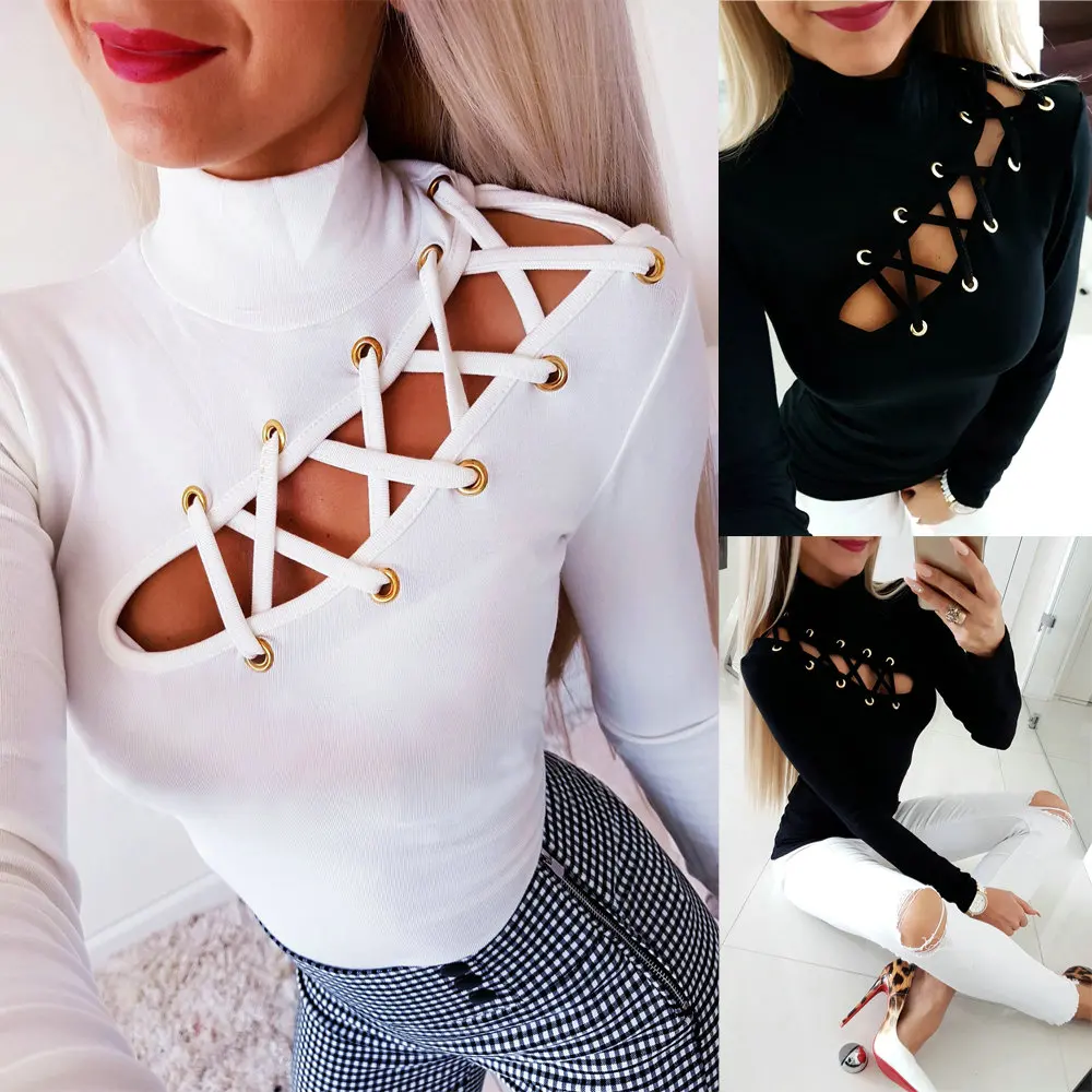 

2019 Sexy Solid Color Turtleneck Hollow Out Skinny Long Sleeve Women Blouse Sexy Tops and Shirt See Through Top Women Sexy Shirt
