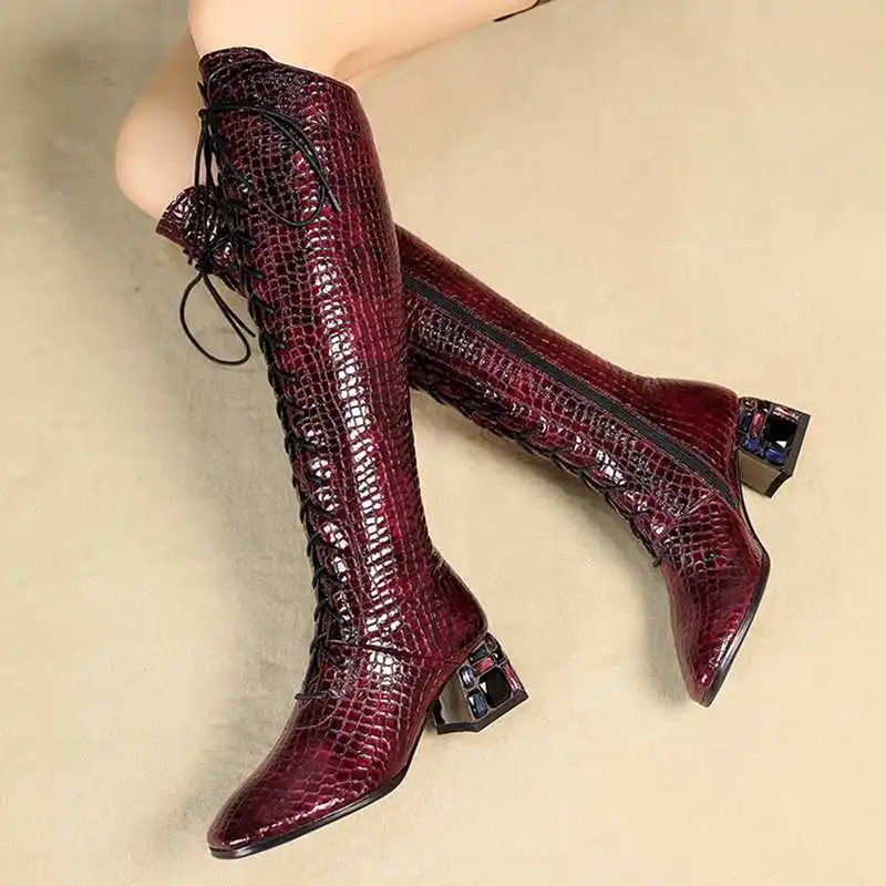 US $65.00 Krazing Pot Gorgeous Print Stone Pattern Boots Round Toe High Heels Lace Up Zip Winter Warm Mature Women Thigh High Boots L3f7