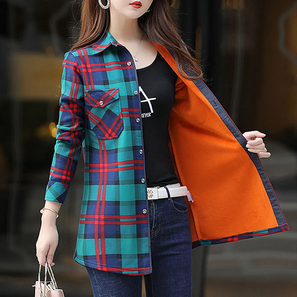 Warm Fleece Winter Blouse Shirt Thicken Fashion Plaid Vintage Office Basic Tops Ladies Blouses Long Sleeve Casual Shirts - Цвет: Синий