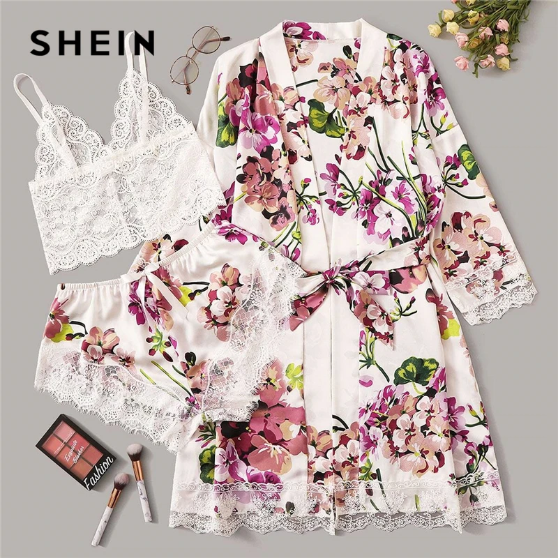 SHEIN многоцветный цветочный кружевной бюстгальтер без косточек с атласными шортами и поясом набор халатов женская пижама Сексуальное нижнее белье наборы