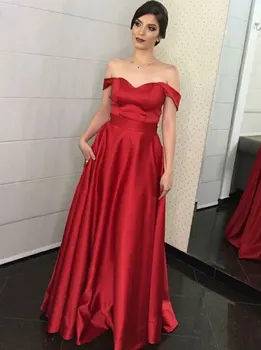

Bridemaid Dress Long Satin Red Off-the-shoulder A-line with Sweep Train and Zipper Back for Wedding Party