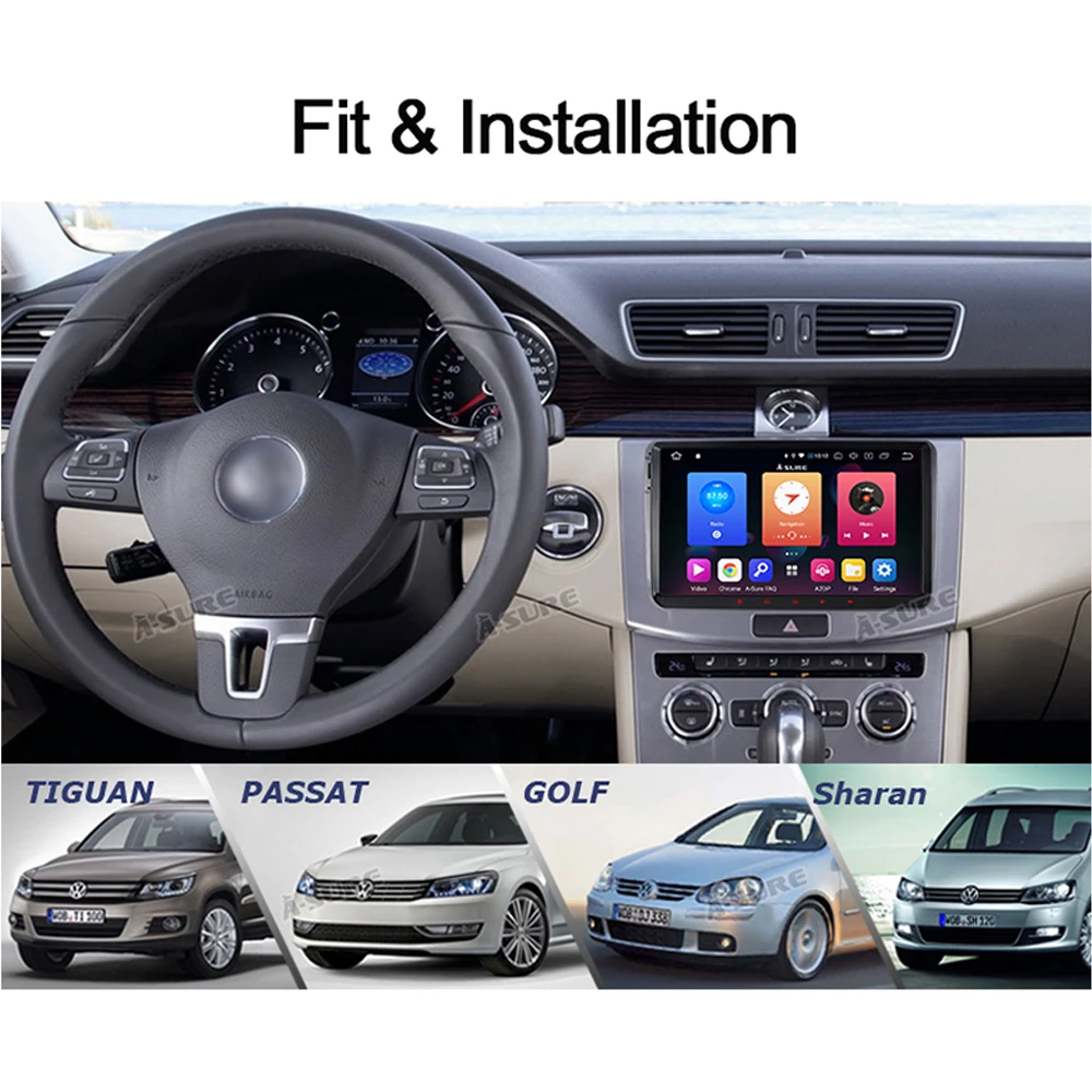 A-Sure Car Multimedia 2 Din Android 9.0 Radio IPS 9'' GPS Navigation For Volkswagen VW Passat b6 Ti
