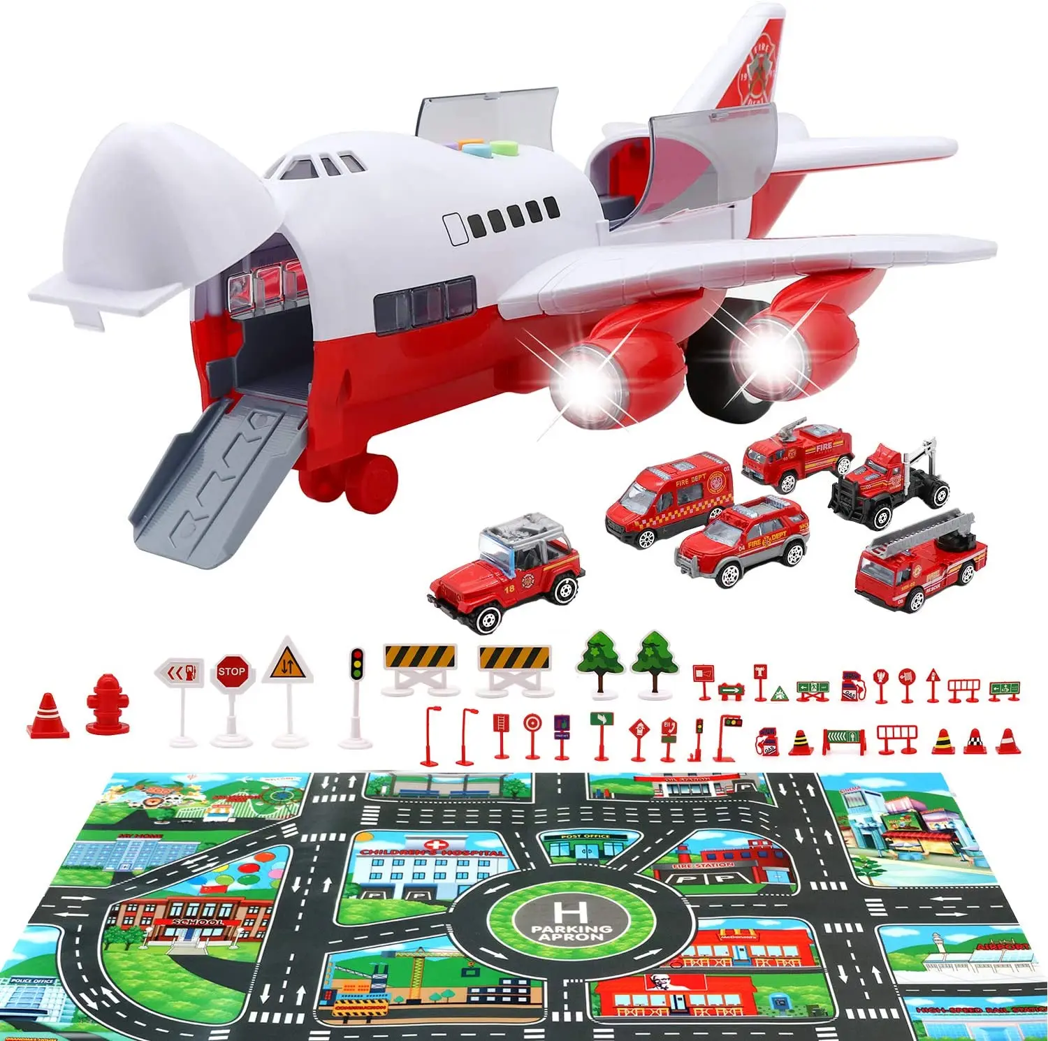 46Pcs Car Toys Set with Transport Cargo Airplane, Educational Vehicles Fire Fighting Car Set for Kids Toddlers Child Gifts