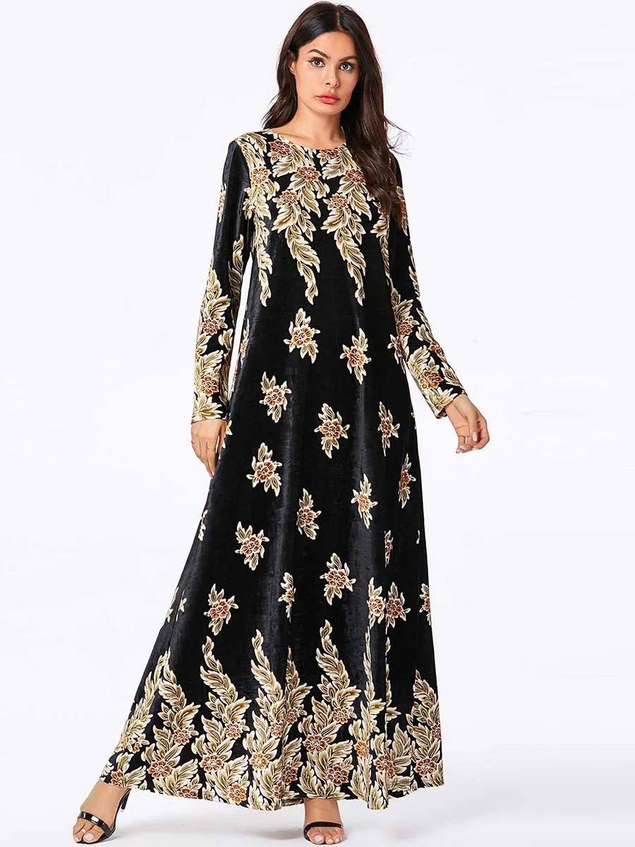 Черный Abaya/турецкое модное простое осенне-зимнее черное бронзовое женское мусульманское Повседневное платье с длинными рукавами и принтом растений - Цвет: Черный