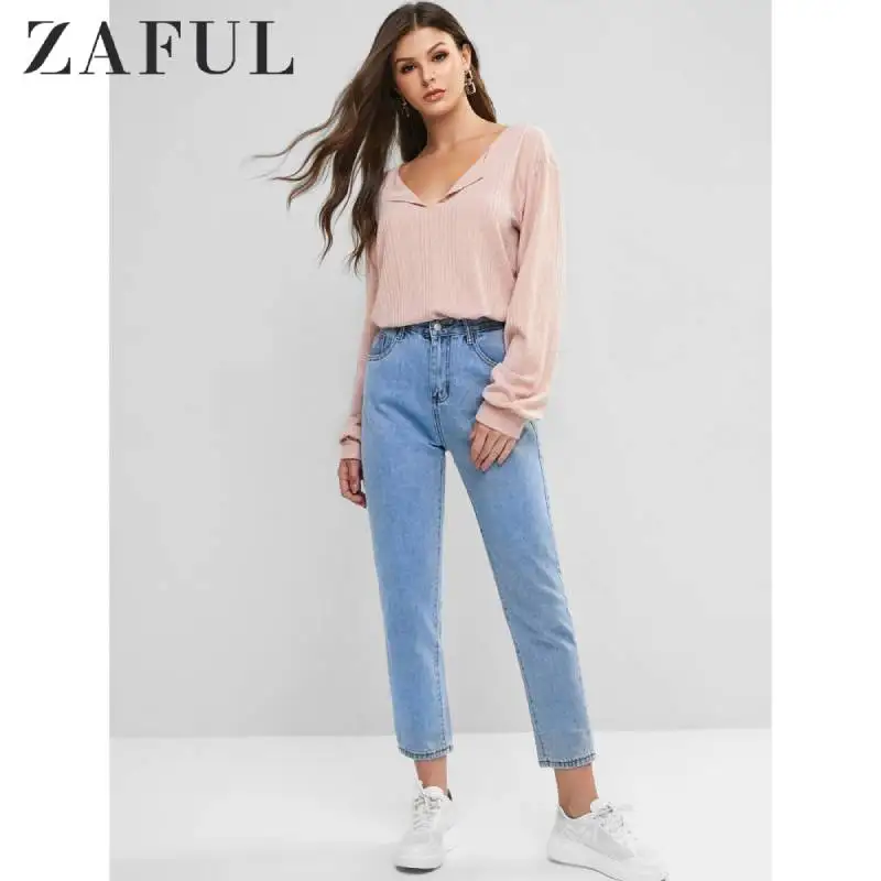 ZAFUL Женские базовые прямые джинсы женские повседневные синие свободные длинные брюки универсальные простые элегантные повседневные женские