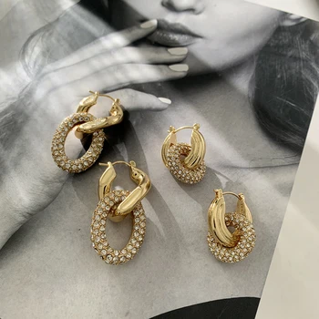 New Trendy Rhinestone Geometric Round Hoop Earrings for Women Metal Pendant Statement Earring Jewelry Gift Wholesale