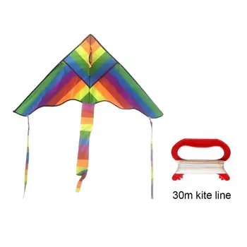 

1set Rainbow Long Tail Triangle Nylon Kite with 30M Handle Line Tear-resistant Polyester Fabric Hard-winged Kite Outdoor Toy