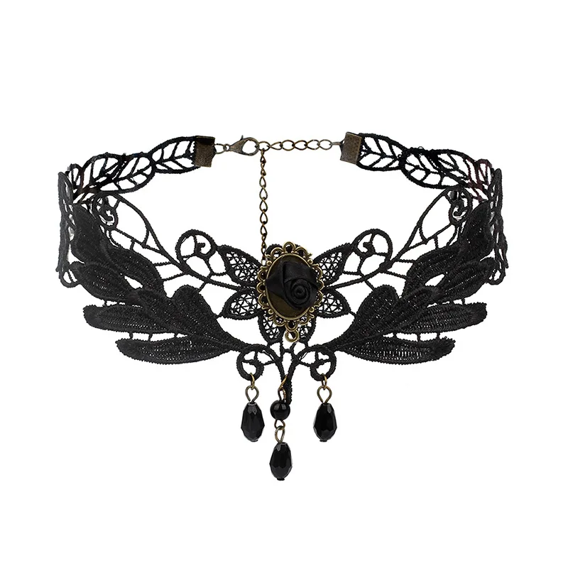 KMVEXO Чокеры в готическом стиле, черные цветы из бисера, Сексуальное Кружевное колье на шею, винтажная цепочка с кисточками для женщин, стимпанк, ювелирные изделия на Хэллоуин - Окраска металла: K35