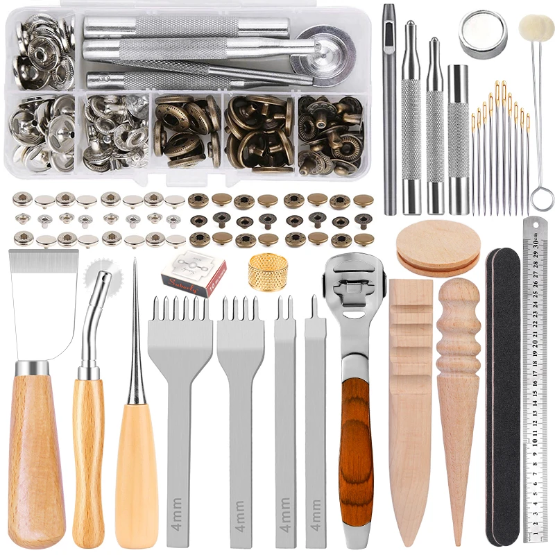 LMDZ Leather Craft Tools Kit With Metal Button Snaps Fasteners Set Punch Carving Work Saddle For DIY Hand Sewing Stitching