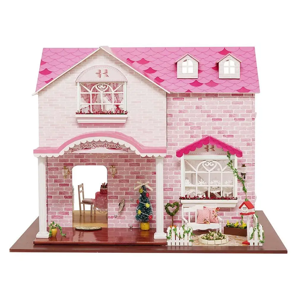 

DIY Dollhouse Three-dimensional Assembly Attic Miniature Pink House with Music Movement for Holiday Birthday Gifts