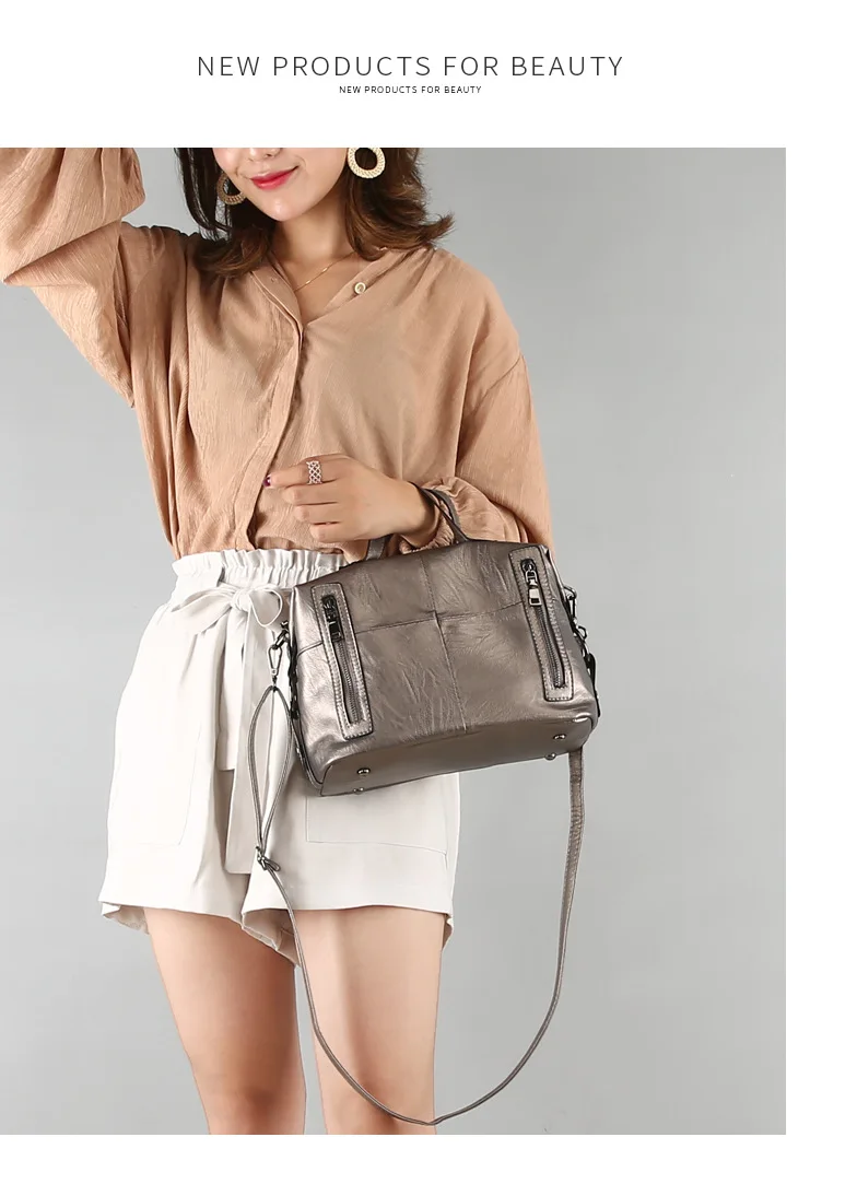 New Real PU Leather Women's Bag Fashion Boston Handheld Messenger Bag Spliced Shoulder Bag