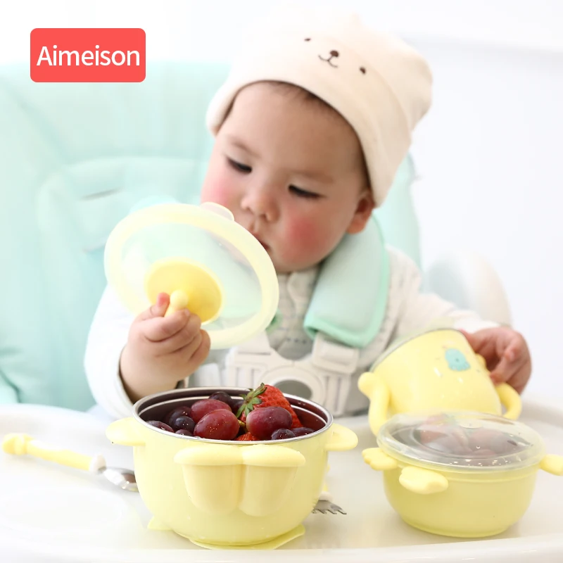 Baby Tableware Set Stainless Steel Cute Cartoon Thermal Dishes Kid Hot Water Insulation Bowl Children Feeding Dinnerware
