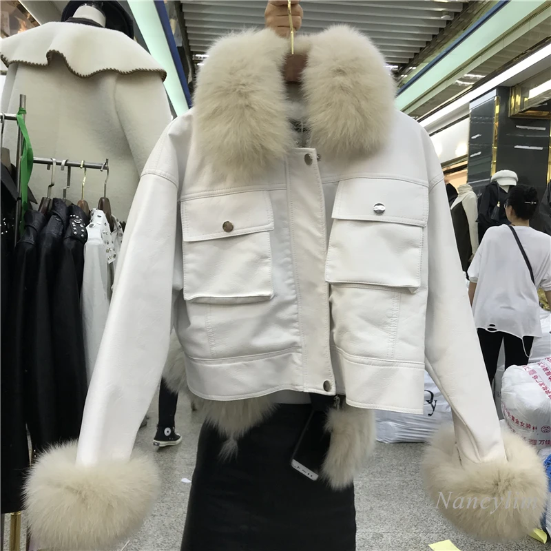 

Real Fox Fur Coat with Pu Leather Jacket Long Sleeves 100% Natural Fox Fur Coats for Women winter Hot Sale White Black
