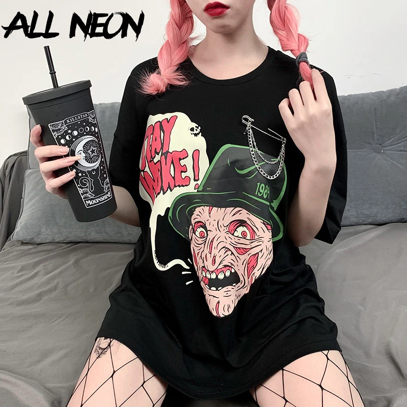 

ALLNeon Punk Cartoon Graphic Black Long T-shirts Fashion Oversized O-neck Short Sleeve Tops Streetwear E-girl Summer Y2K Tees