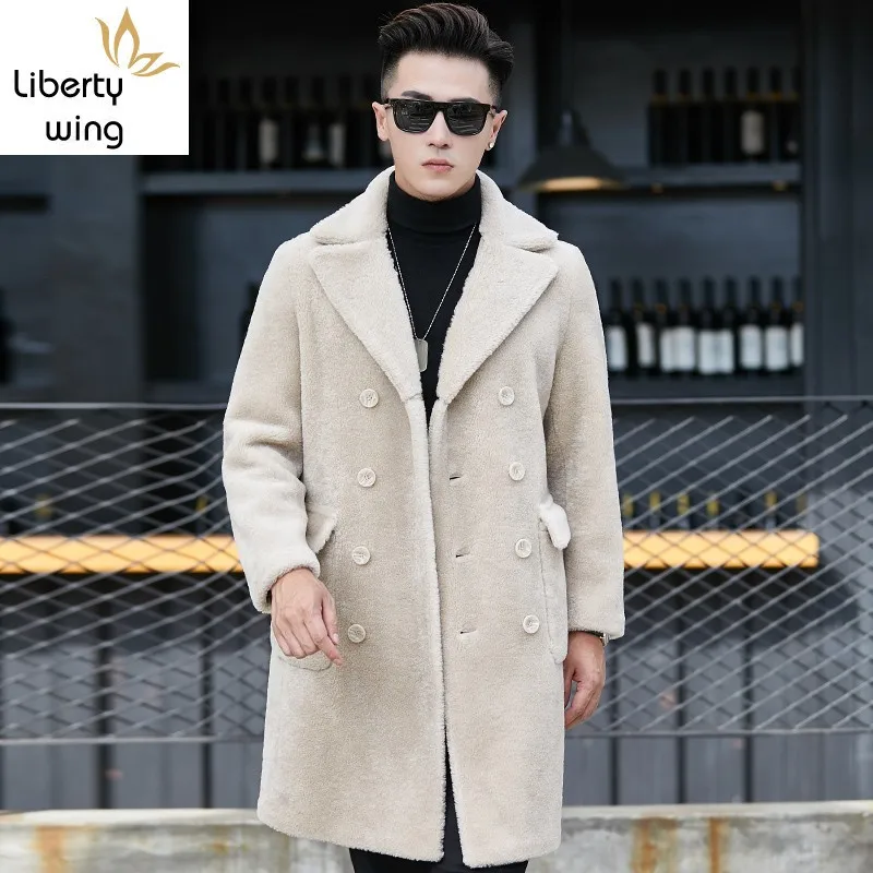 

Winter Mens Double Breasted Long Real Fur Jacket Slim Fit Shearling Overcoat Reversible Office Man Warm Wool Outerwear Coat