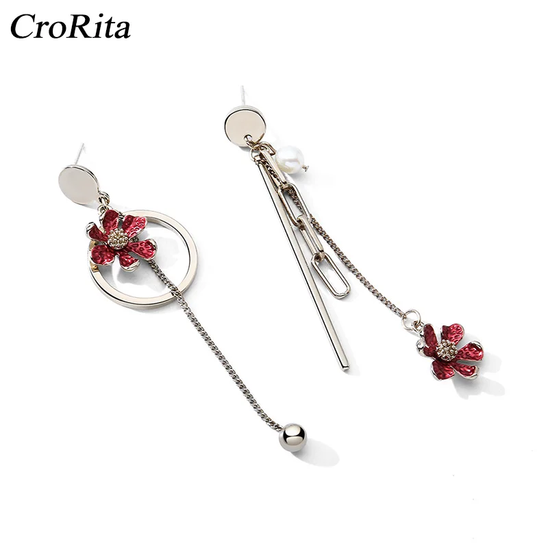 

CroRita Asymmetric Earrings Vintage Floral Long Tassel Ear Drop Alloy Crystal Korean Fashion Women Earrings 2020