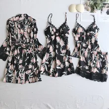 Пижамный комплект ночной халат Ночное платье для сна комплект из четырех предметов Шелковый глубокий v-образный вырез тонкий кружевной Европейский стиль плюс размер костюмы