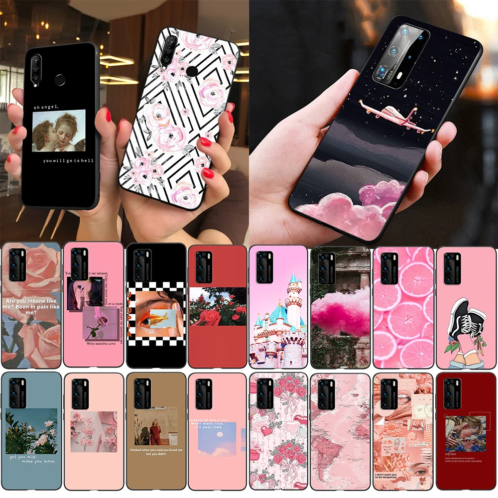 Merah Muda Estetika Estetika Lembut Silicone Cover Untuk Huawei P10 P20 P30 P40 Lite Pro Max TPU Case Kasus Telepon Penutup AliExpress