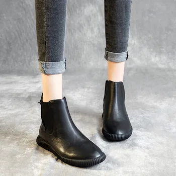 

SWONCO Slip On Chelsea Boots Genuine Leather Shoes Woman 2019 Autumn Winter Female Causal Shoes Black Flat Snow Boots For Woman