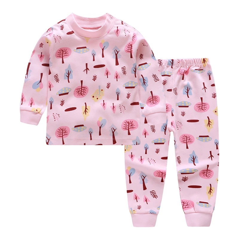 Spring Autumn Kids Boy Girl Sets Cartoon Cute Cat Dog Tree Dinosaur Shark Pattern Long Sleeve T-Shirt+Trousers Pajamas