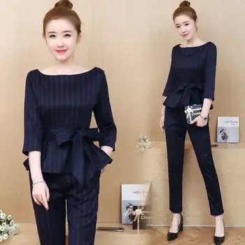 

2 Piece Set high quality Stripe Slim Belt Outfits Top Pants Womens Suit