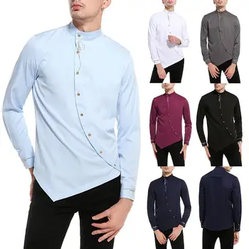 

Men Long Sleeve Stand Collar Jacquard Diagonal Buttons Irregular Hem Sliming Shirt
