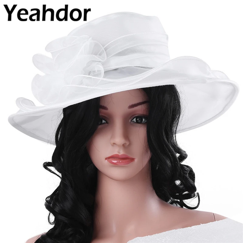 Chapeau De Mariee De Mariage Blanc Coiffe Femmes Filles Organza Large Bord Chapeau De Soleil Avec Grande Fleur Eglise Fete Chapeau De Mariage Coiffure Aliexpress