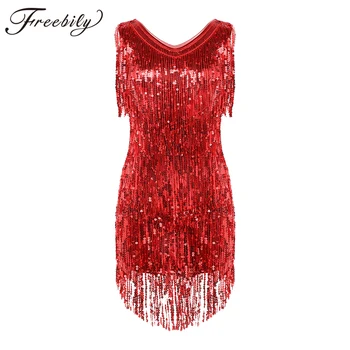

Women Sparkling Sequin Tassels Fringe Ballroom Samba Tango Stage Latin Dance Dress 1920s Great Gatsby themed party Rave Costume