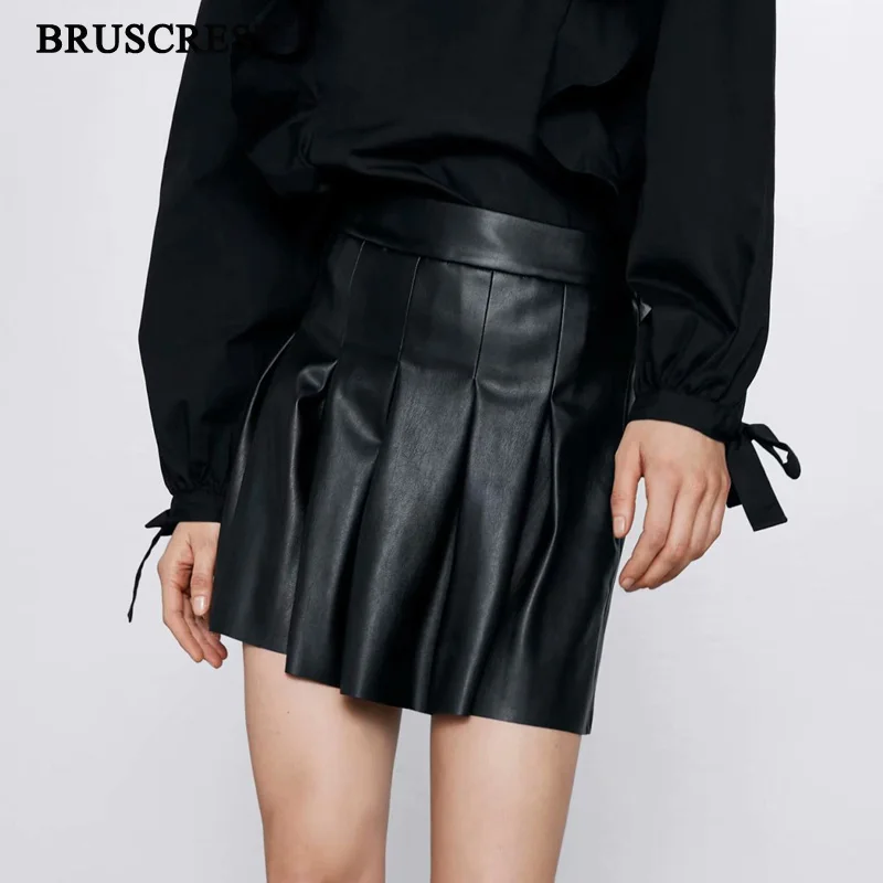 Корейская юбка с высокой талией, Мини Сексуальная короткая юбка, Черная Широкая Юбка, элегантные кожаные юбки, женские юбки из искусственной кожи, плиссированные