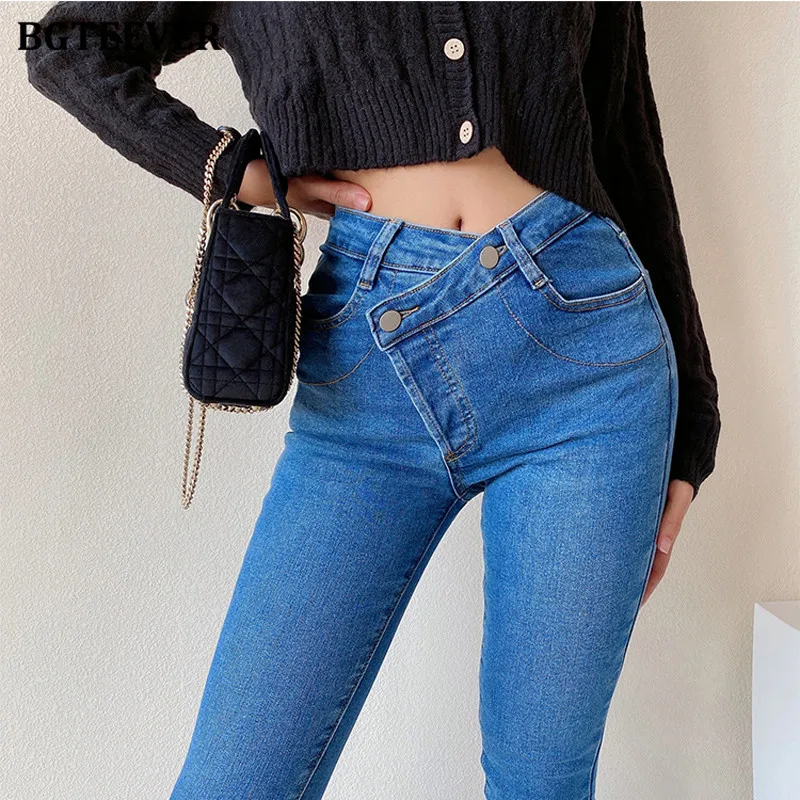 ksubi jeans BGTEEVER 2021 New Jeans Women's High Waist Stretched Hip Slim Fit Skinny Denim Jeans Female Oblique Buckle Pencil Pants Femme blue jeans