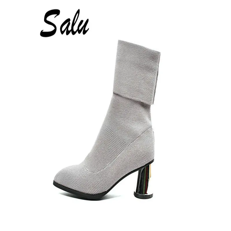 

TXCNMB Female Mid-calf Boots Women High Heels Socks Knitting Boots Brand Autumn Elegant Wedding Party Shoes Woman Ladies Office