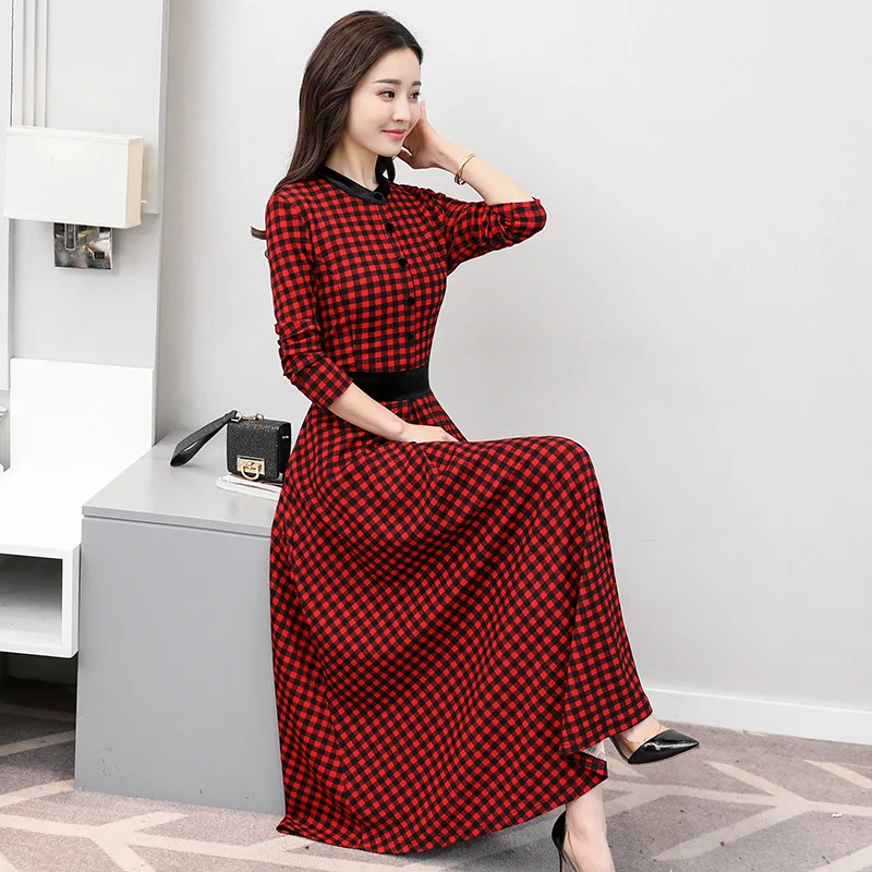 

M-3XL Plus size Casual Autumn Winter Long Dress Vintage Button Red 2/3 Sleeve Plaid Slim Dress Office Elegant Lady Party Vestido