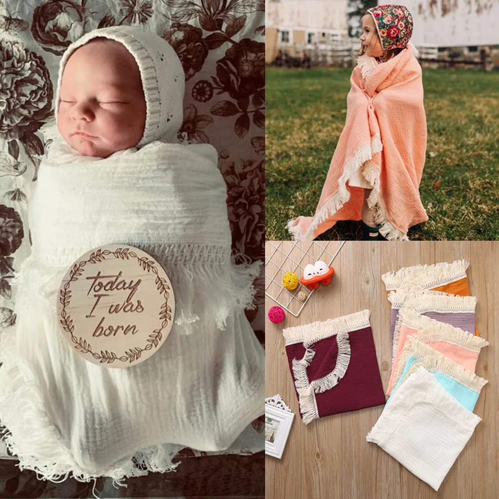 

Muslin Newborn Solid Tassel Baby Swaddle Blanket Receiving Blanket Swaddle Wrap Baby multi-purpose children's bath towel 2019