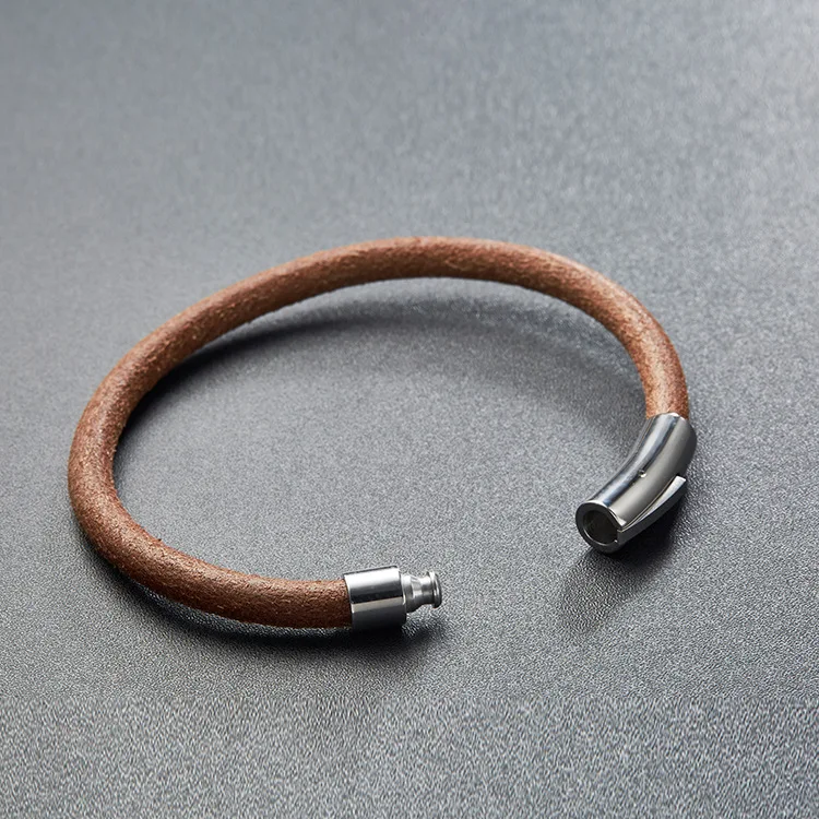 Korean Version of Simple Retro Stainless Steel Snap Bracelet Mens Bracelets Hidden Safety Clasp None Trendy Classic Leather