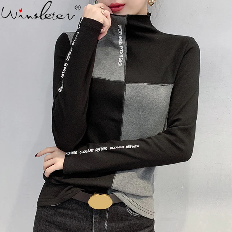 Minimalist T-Shirt Bottoming Patchwork Long-Sleeve Triko Korean Top-Tees Spring/autumn