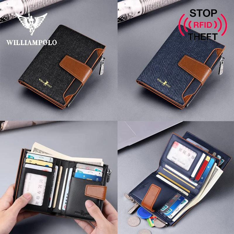 Мужской короткий кошелек WILLIAMPOLO RFID Холщовый маленький модный на застежке