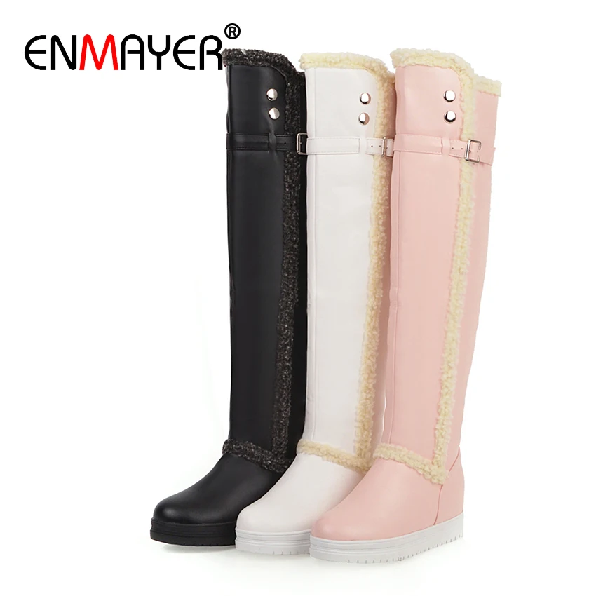 ENMAYER Winter PU Height Increasing Over-the-Knee Boots Slip-On Flat Round Toe Thigh High Short Plush Bordered Buckle Shoe | Обувь