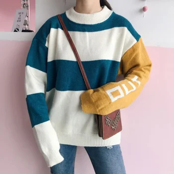 

Women's Sweater Autumn Winter Korean Vintage Pullover Loose Slim Striped Knitted Jumper Harajuku White Punk Pull