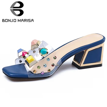 

BONJOMARISA New Classic Design Colorful Rhinestone Mules Fashion High Heels Mules Women Summer Leather Insole Shoes Woman